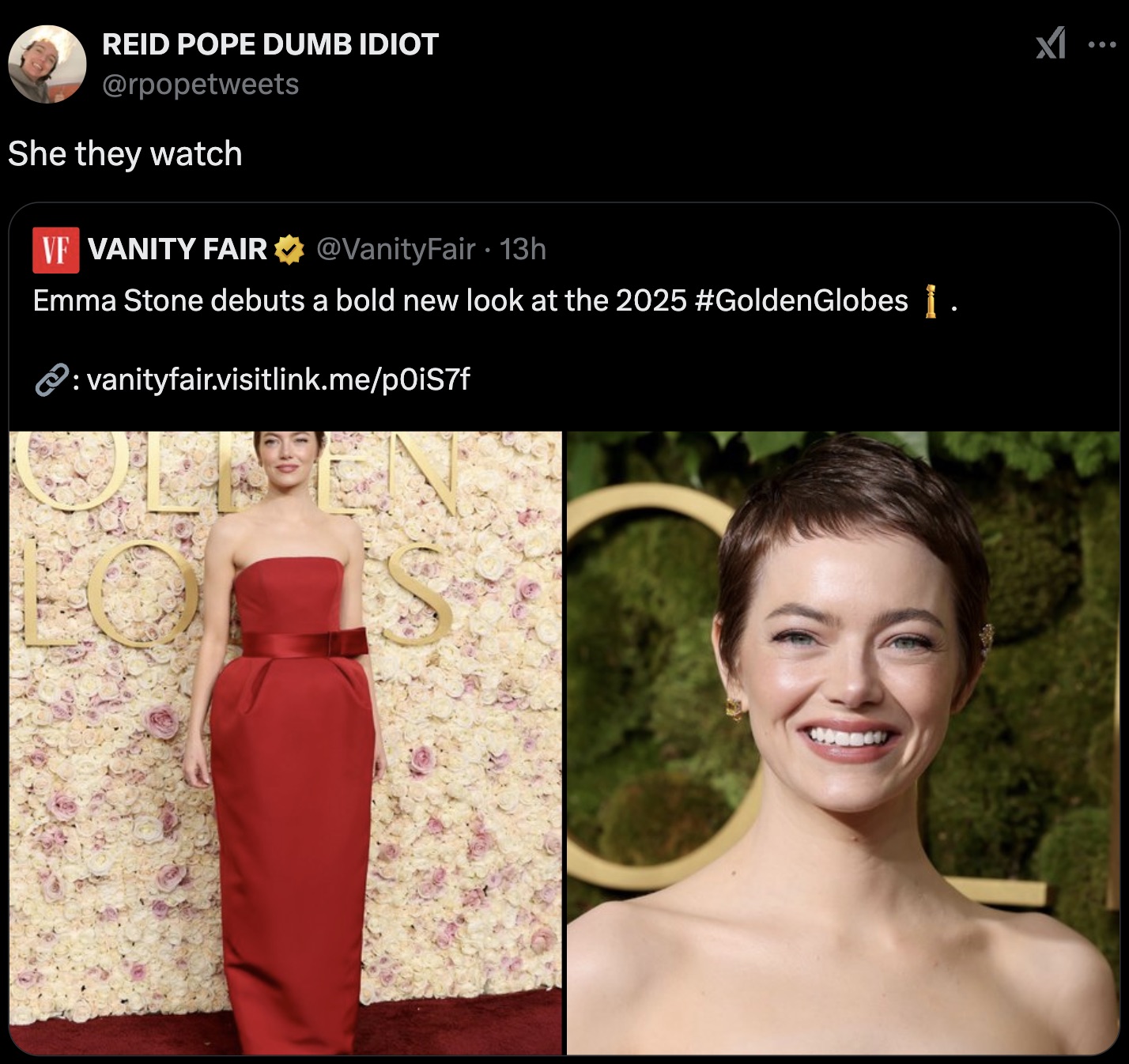 82nd Golden Globe Awards - Reid Pope Dumb Idiot She they watch Vf Vanity Fair . 13h Emma Stone debuts a bold new look at the 2025 1 . vanityfair.visitlink.mep0iS7f